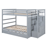 Full Over Full Bunk Bed with Twin Size Trundle and Staircase, Gray - Home Elegance USA