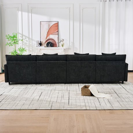140.9-inch U-shaped modular sectional sofa, suitable for living room or bedroom. It comes with 2 movable ottomans, 4 cushions and 2 throw pillows. Made of soft cashmere fabric, in black - sold by Home Elegance USA