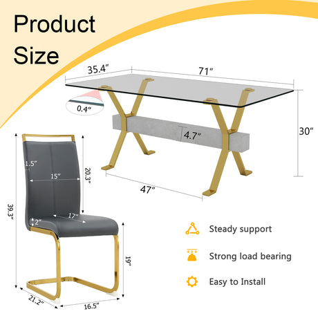 Table and chair set.Elegant Transparent Tempered Glass Dining Set - 71'x35.4' with 8 Dark Gray PU Chairs with golden C-tube metal leg. - sold by Home Elegance USA
