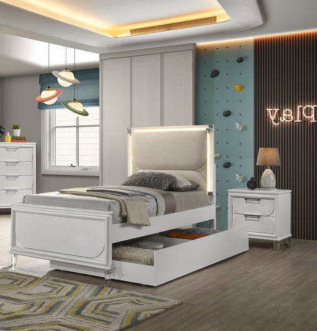Contemporary Glam Pearl White Full Size Bed W Trundle 2x Nightstands Embossed Panel 3pc Bedframe Bedroom Furniture - sold by Home Elegance USA