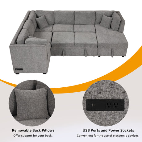 U-shaped Sectional Sofa Pull out Sofa Bed with USB Ports, Power Sockets, Storage Chaise, Light Gray Chenille, 108.6' - sold by Home Elegance USA