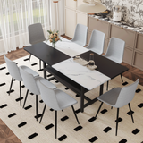 Table and chair set.71*35.4 inch White And Black Spliced Dining Table With Storage Function In The Middle Of The Table Legs.Paired With 8 Light Gray Linen Dining Chairs With Curved Widened Cushion.