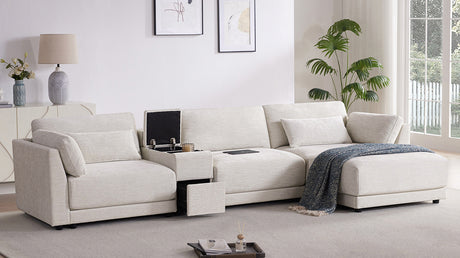 124'' L-Shaped Sectional Sofa with Multi-Functional Storage Console, Wired&Wireless Charger, Movable Ottoman, Wider&Thicker Cushion, Free Combination for Living Room&Apartment, Chenille - sold by Home Elegance USA