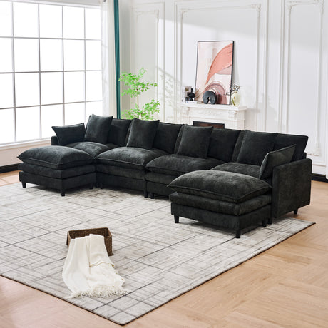 140.9-inch U-shaped modular sectional sofa, suitable for living room or bedroom. It comes with 2 movable ottomans, 4 cushions and 2 throw pillows. Made of soft cashmere fabric, in black - sold by Home Elegance USA
