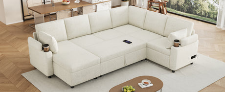 Convertible U-Shaped Sofa Bed with Storage, Cup Holders and Charging Ports, Beige Chenille, 109.9' - sold by Home Elegance USA