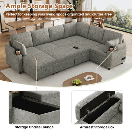 Versatile Light Grey Chenille Sectional Sofa Bed with Storage, Cup Holders & Charging Ports, 109.9' - sold by Home Elegance USA
