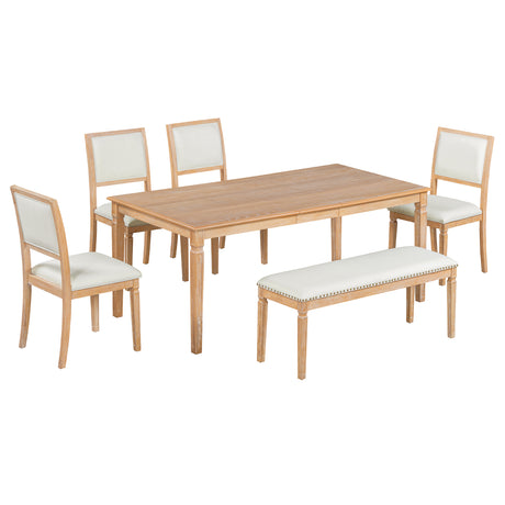 TREXM Vintage Extendable Dining Table Set for 6 with 4 Chairs & Bench, 59 to 72-Inch Rustic Farmhouse Kitchen Table Set with Distressed Finish and Retro Carved Legs (Natural Wood Wash) - sold by Home Elegance USA