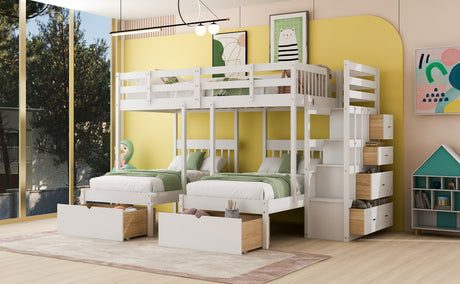 Full Over Twin & Twin Bunk Bed, Wood Triple Bunk Bed with Drawers and Guardrails (White) - sold by Home Elegance USA