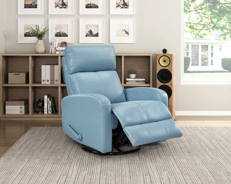 Glider Recliner Chair with Swivel Motion Blue Leather Upholstery Solid Wood Comfort Luxury Living Room Furniture 1pc