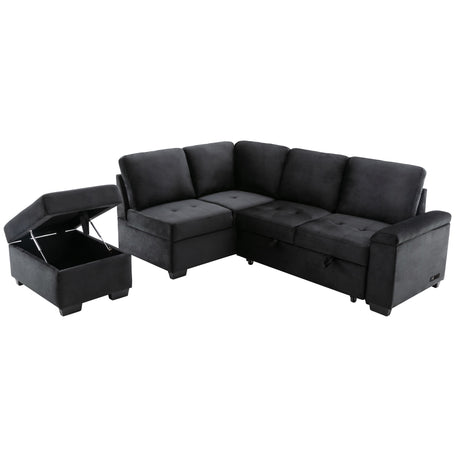Sleeper Sectional Sofa, L-Shape Corner Couch Sofa-Bed with Storage Ottoman & Hidden Arm Storage & USB Charge  for Living Room Apartment, Black - sold by Home Elegance USA