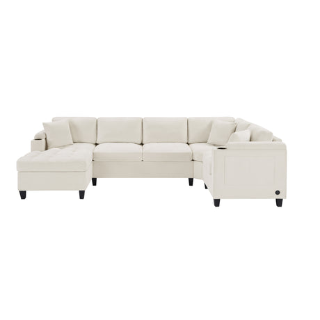 Modern U-shaped Sectional Sofa 115.7' with Built-in Cup Holders, Storage, USB Ports in Beige Chenille Fabric - sold by Home Elegance USA