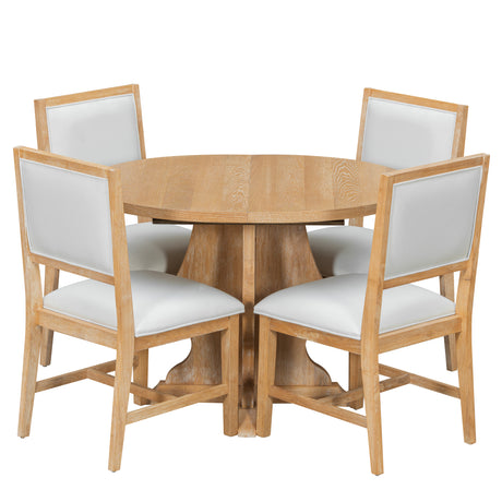 TREXM Farmhouse 5-Piece Dining Table Set with 4 Upholstered Chairs, Wood Extendable Dining Table with 15.7' Leaf for Extra Seating for Dining Room, Kitchen and Living Room (Natural Wood Wash) - sold by Home Elegance USA