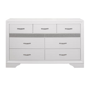 Modern Glam Dresser of 7 Drawers White and Silver Glitter Hidden Jewelry Drawers Ball Bearing Glides Modern Wooden Bedroom Furniture