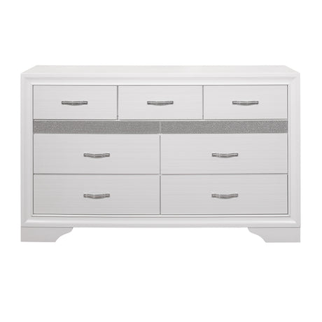 Modern Glam Dresser of 7 Drawers White and Silver Glitter Hidden Jewelry Drawers Ball Bearing Glides Modern Wooden Bedroom Furniture