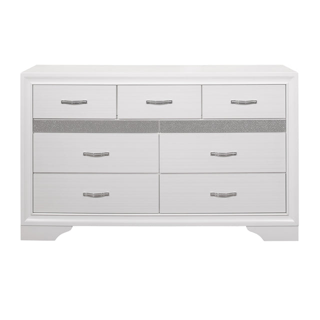 Modern Glam Dresser of 7 Drawers White and Silver Glitter Hidden Jewelry Drawers Ball Bearing Glides Modern Wooden Bedroom Furniture
