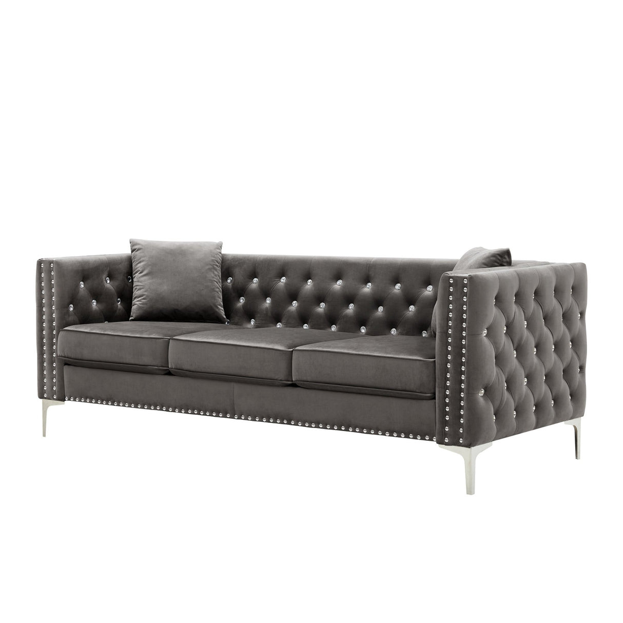 82.3" Width Modern Velvet Sofa Jeweled Buttons Tufted Square Arm Couch Grey,2 Pillows Included - W1117S00003 - image - 2