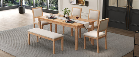 TREXM Vintage Extendable Dining Table Set for 6 with 4 Chairs & Bench, 59 to 72-Inch Rustic Farmhouse Kitchen Table Set with Distressed Finish and Retro Carved Legs (Natural Wood Wash) - sold by Home Elegance USA