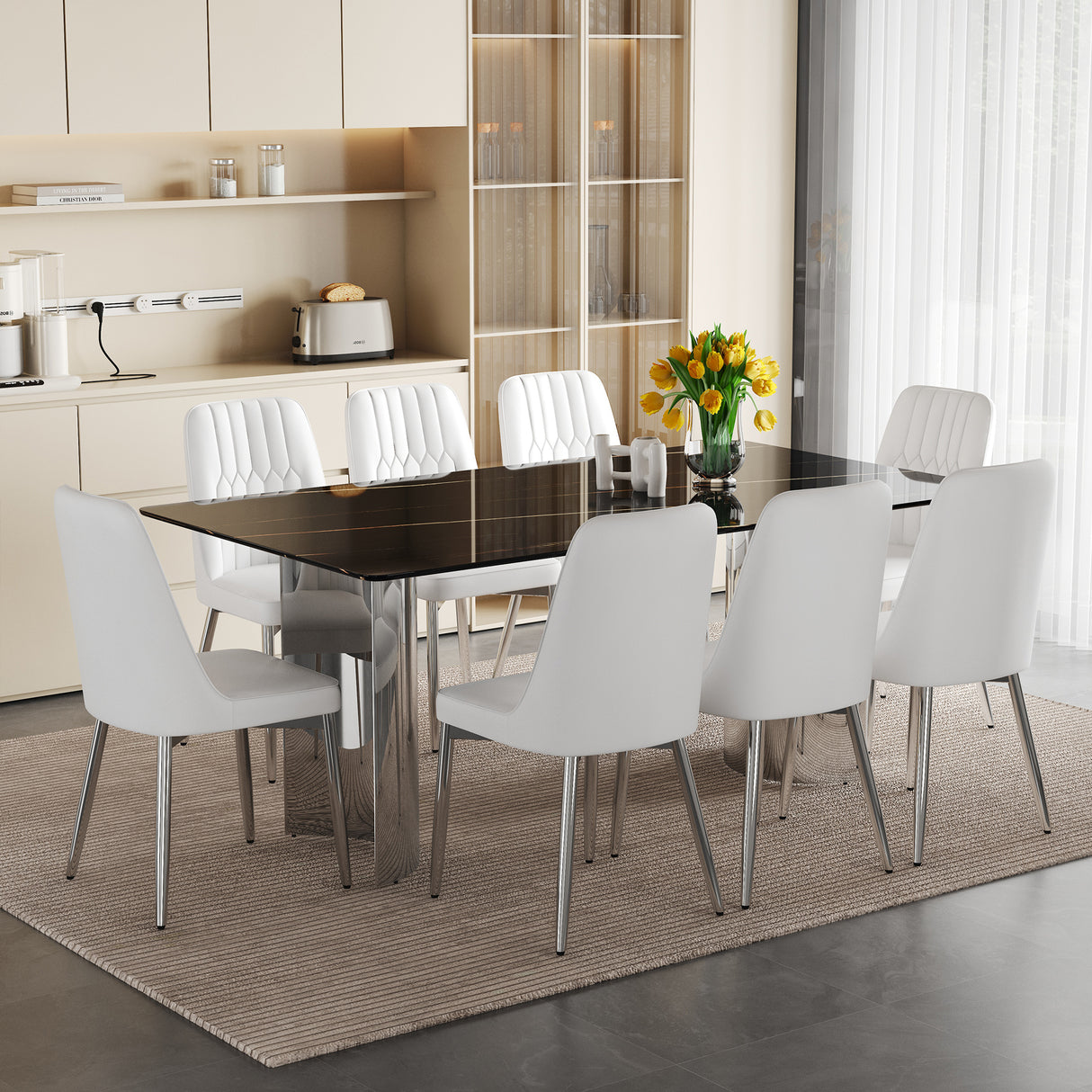Table and chair set. Modern and Minimalist Dining Table. Imitation Marble Glass Sticker Desktop,Stainless Steel Legs .Paired with 8 White Chairs With PU Cushions And Silver Metal Legs.