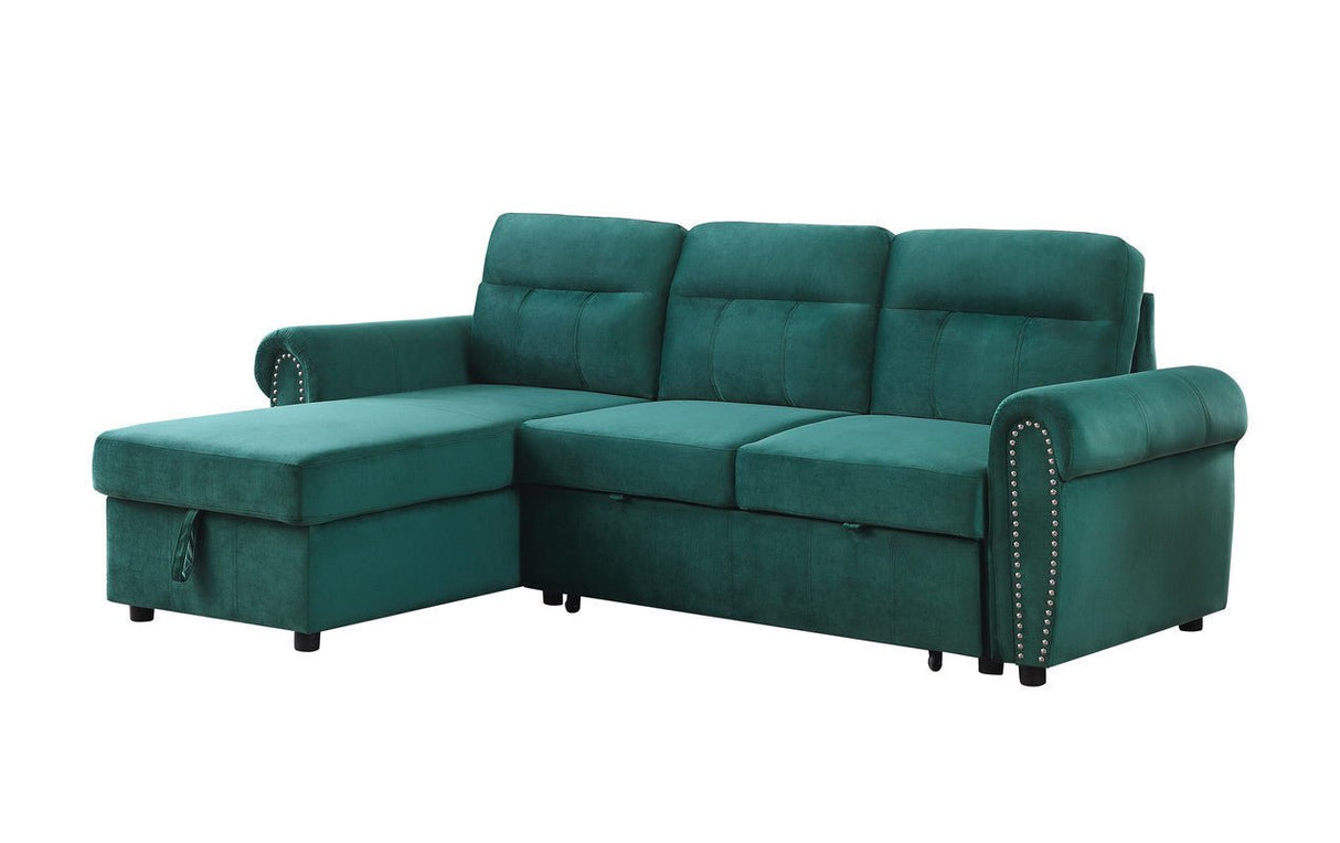 Ashton Green Velvet Fabric Reversible Sleeper Sectional Sofa Chaise | Home Elegance USA