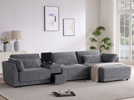 124'' L-Shaped Sectional Sofa with Multi-Functional Storage Console, Wired&Wireless Charger, Movable Ottoman, Wider&Thicker Cushion, Free Combination for Living Room&Apartment, Chenille - sold by Home Elegance USA
