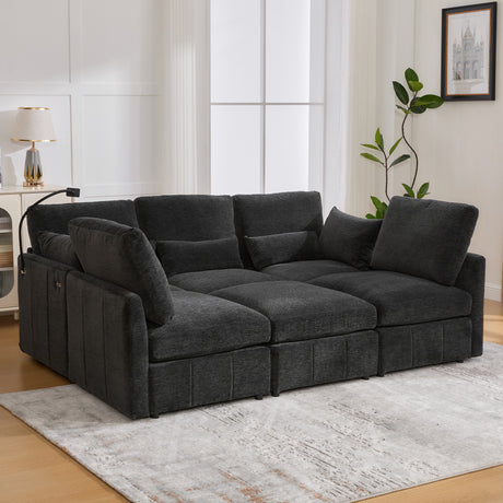 Modern Modular Sofa 85.4' U-shaped Sofa Bed with Movable Ottoman, USB Ports, Phone Holder, Black Chenille - sold by Home Elegance USA
