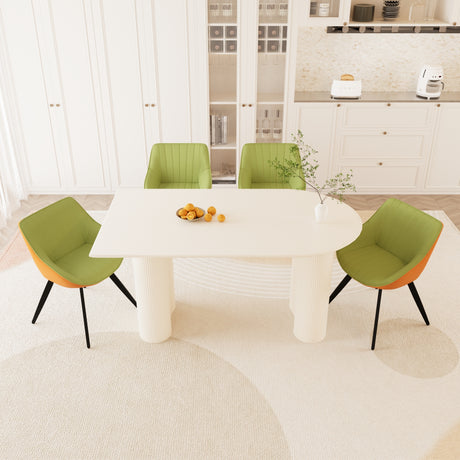 63' medieval modern cream style MDF dining table and green PU dining chair set, 4 sets of black metal leg dining chairs, suitable for kitchen&home - sold by Home Elegance USA