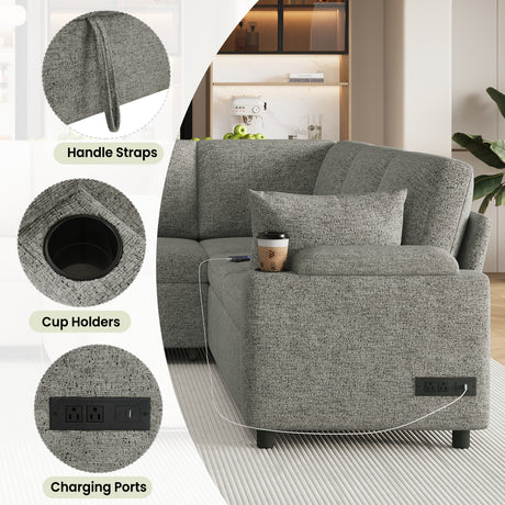 Versatile Light Grey Chenille Sectional Sofa Bed with Storage, Cup Holders & Charging Ports, 109.9' - sold by Home Elegance USA
