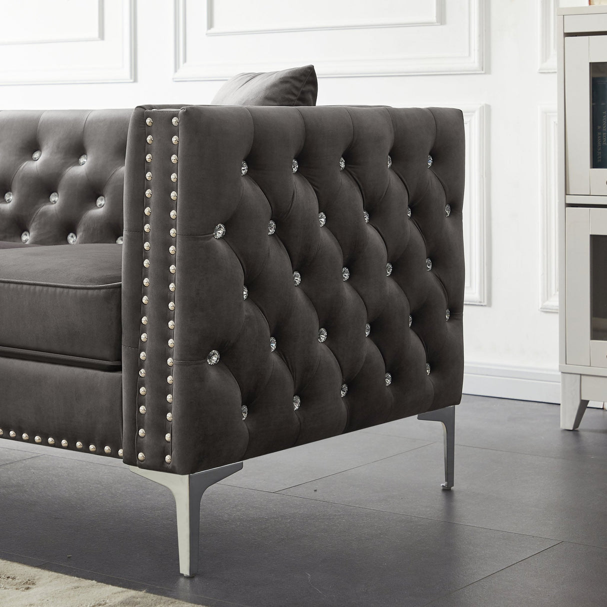 82.3" Width Modern Velvet Sofa Jeweled Buttons Tufted Square Arm Couch Grey,2 Pillows Included - W1117S00003 - image - 6