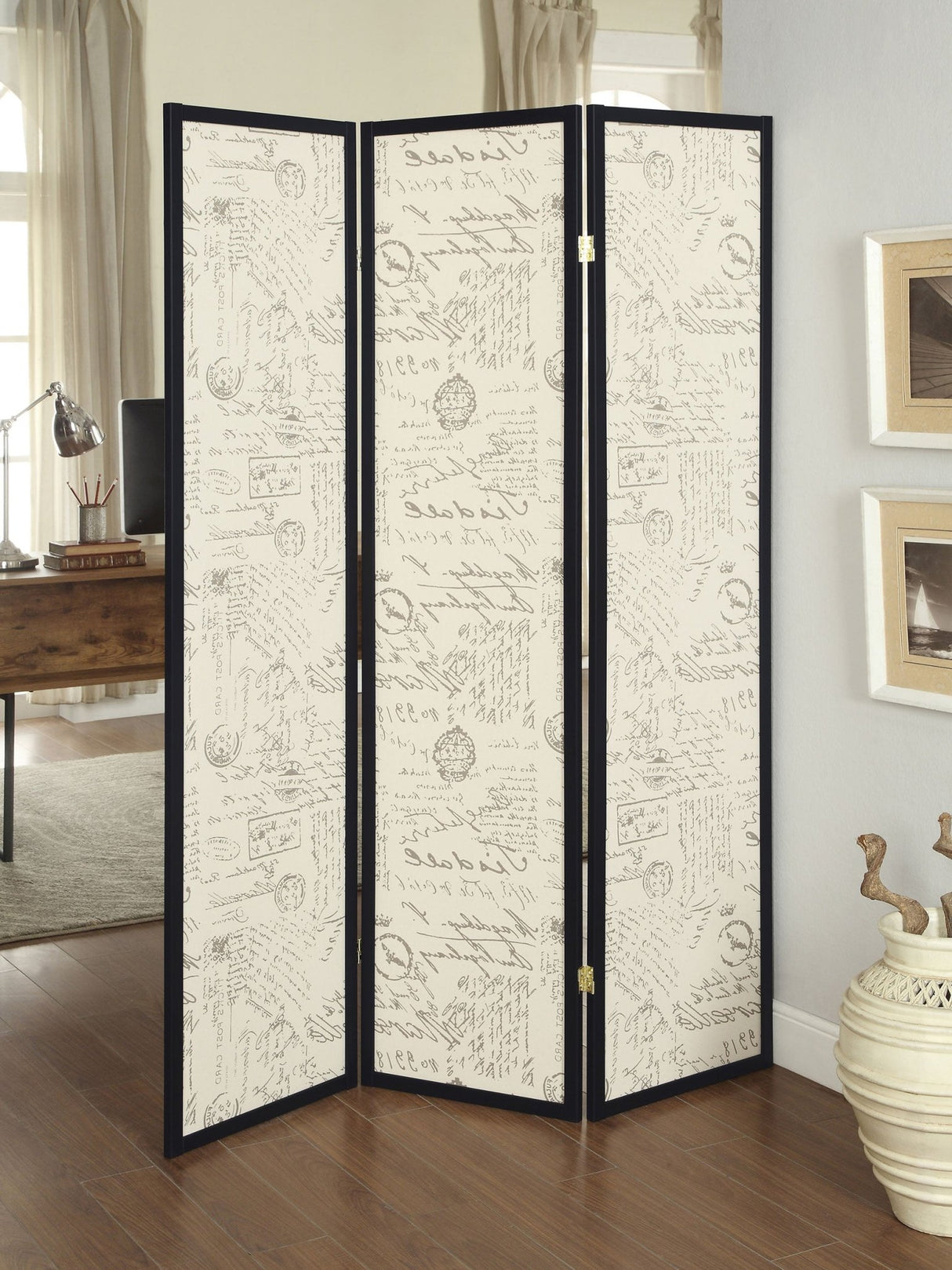 Felice 3 - panel French Script Print Folding Screen Espresso - 900074 - image - 2