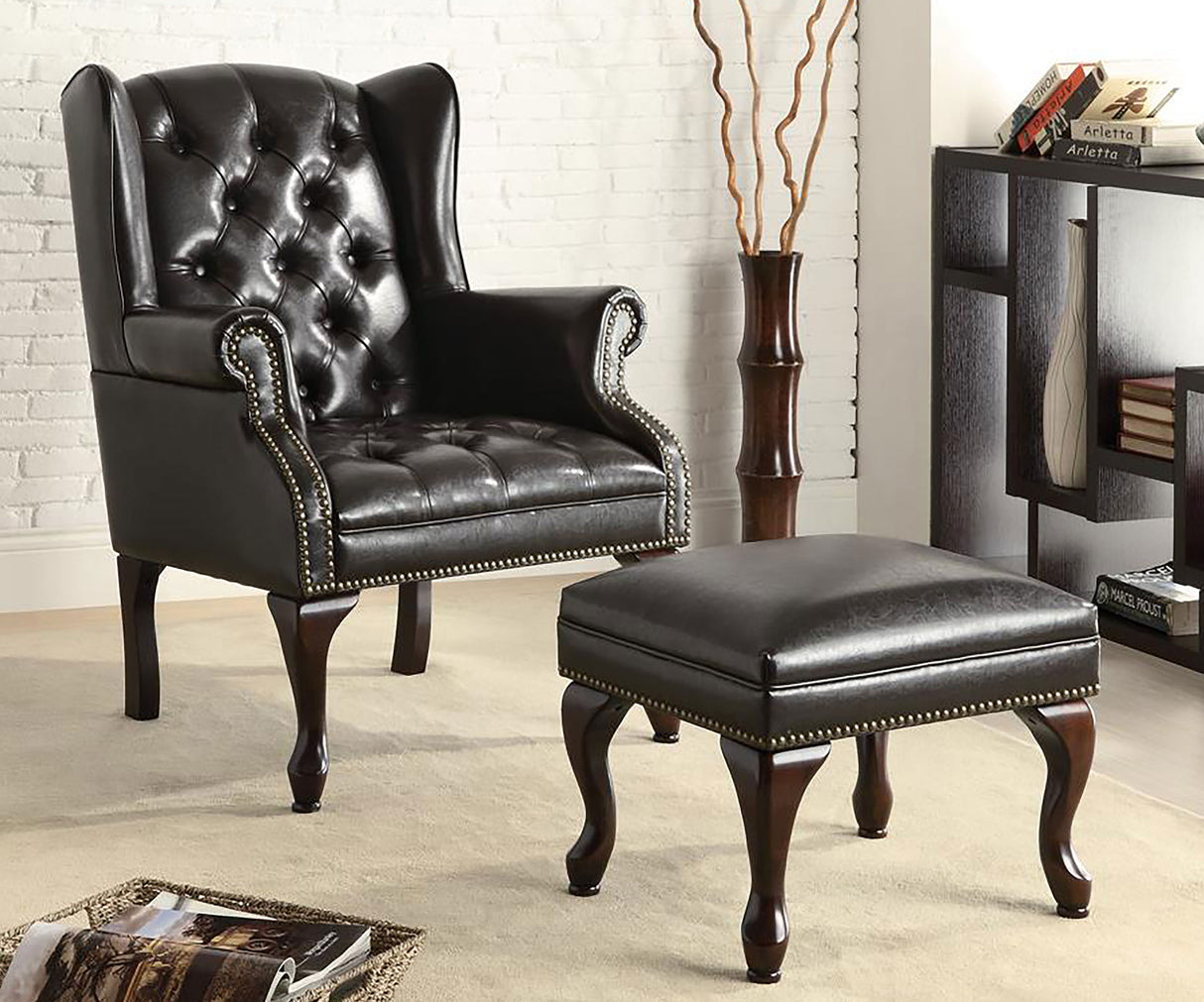 Accent Chair W/ Ottoman - Roberts Button Tufted Back Accent Chair with Ottoman Black and Espresso