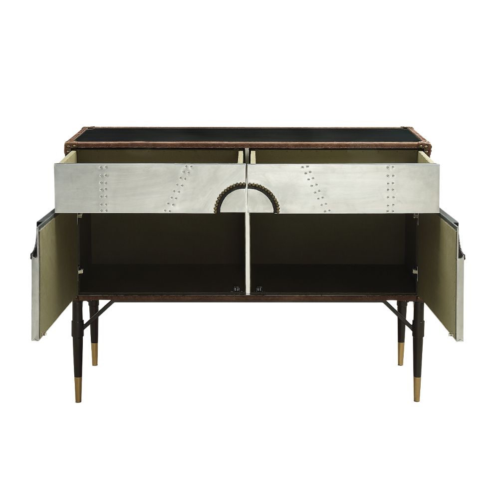 Acme - Brancaster Console Cabinet 90030 Top Grain Leather & Aluminum