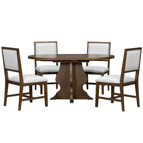 TREXM Farmhouse 5-Piece Dining Table Set with 4 Upholstered Chairs, Wood Extendable Dining Table with 15.7' Leaf for Extra Seating for Dining Room, Kitchen and Living Room (Brown) - sold by Home Elegance USA