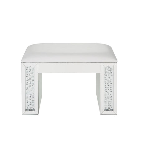 Acme - Nysa Vanity Stool 90158 Ivory Synthetic Leather , Mirrored & Faux Crystals