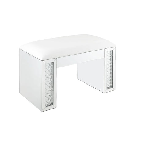 Acme - Nysa Vanity Stool 90158 Ivory Synthetic Leather , Mirrored & Faux Crystals