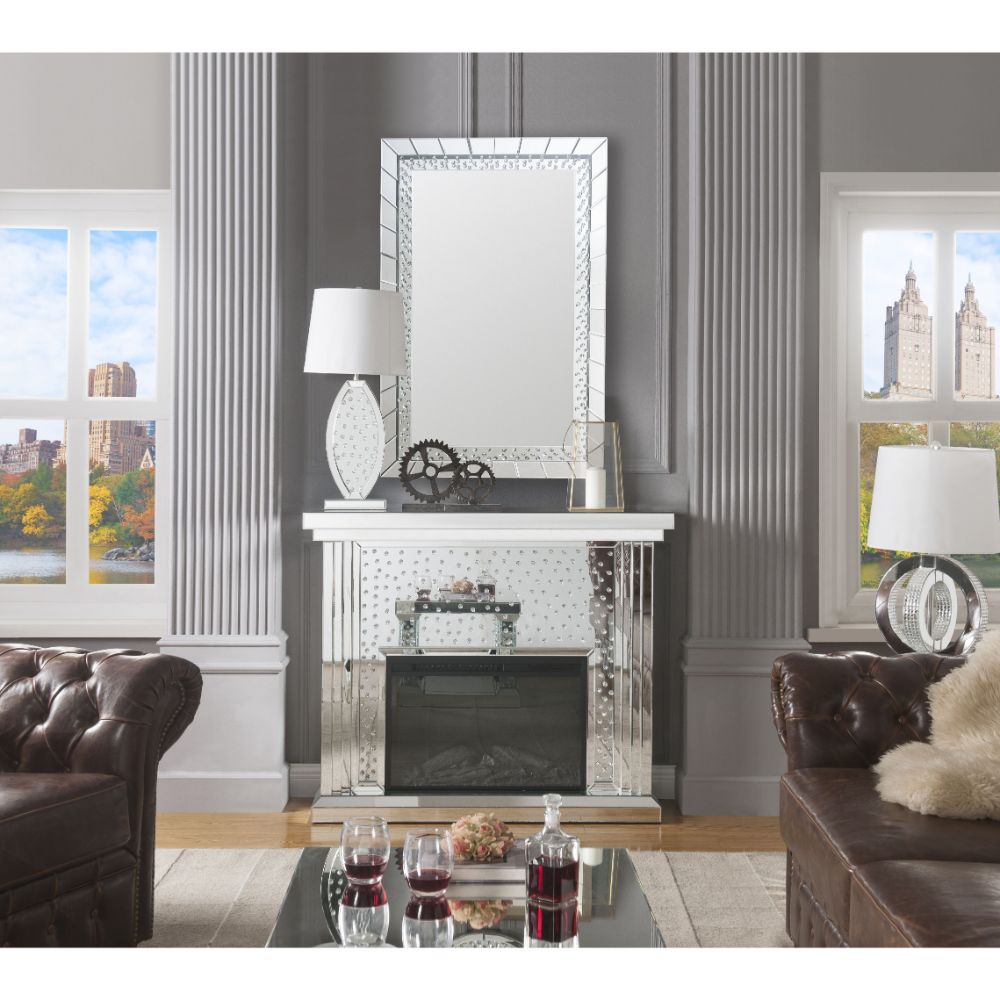 Acme - Nysa Fireplace 90204 Mirrored & Faux Crystals