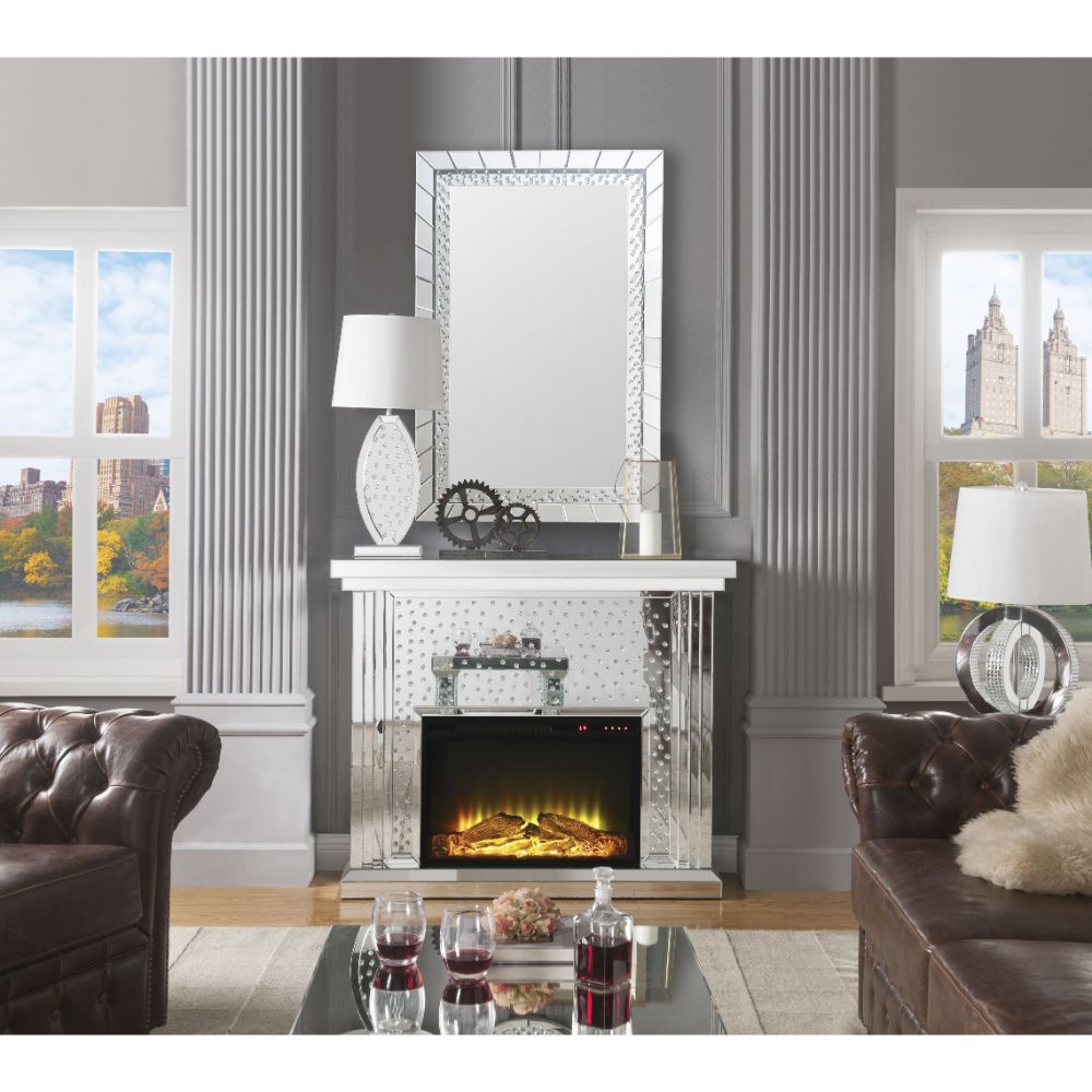 Acme - Nysa Fireplace 90204 Mirrored & Faux Crystals