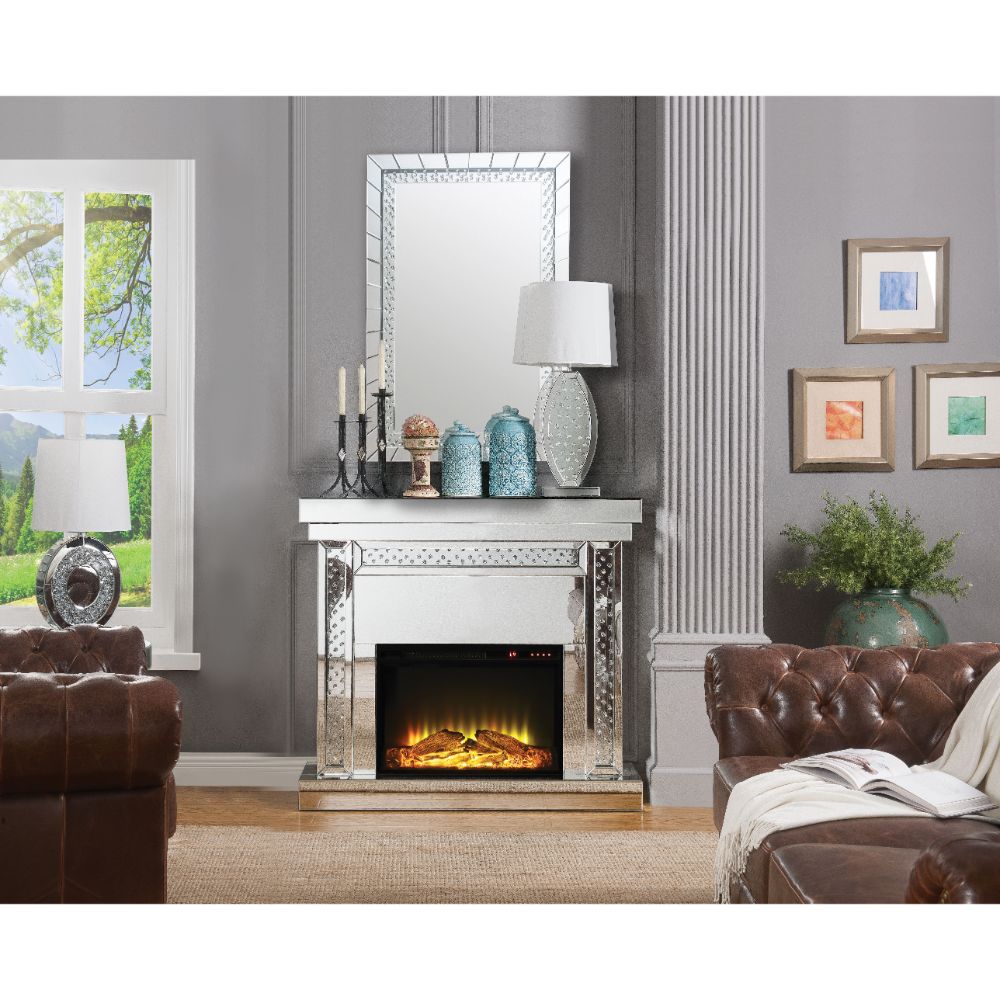 Acme - Nysa Fireplace 90272 Mirrored & Faux Crystals