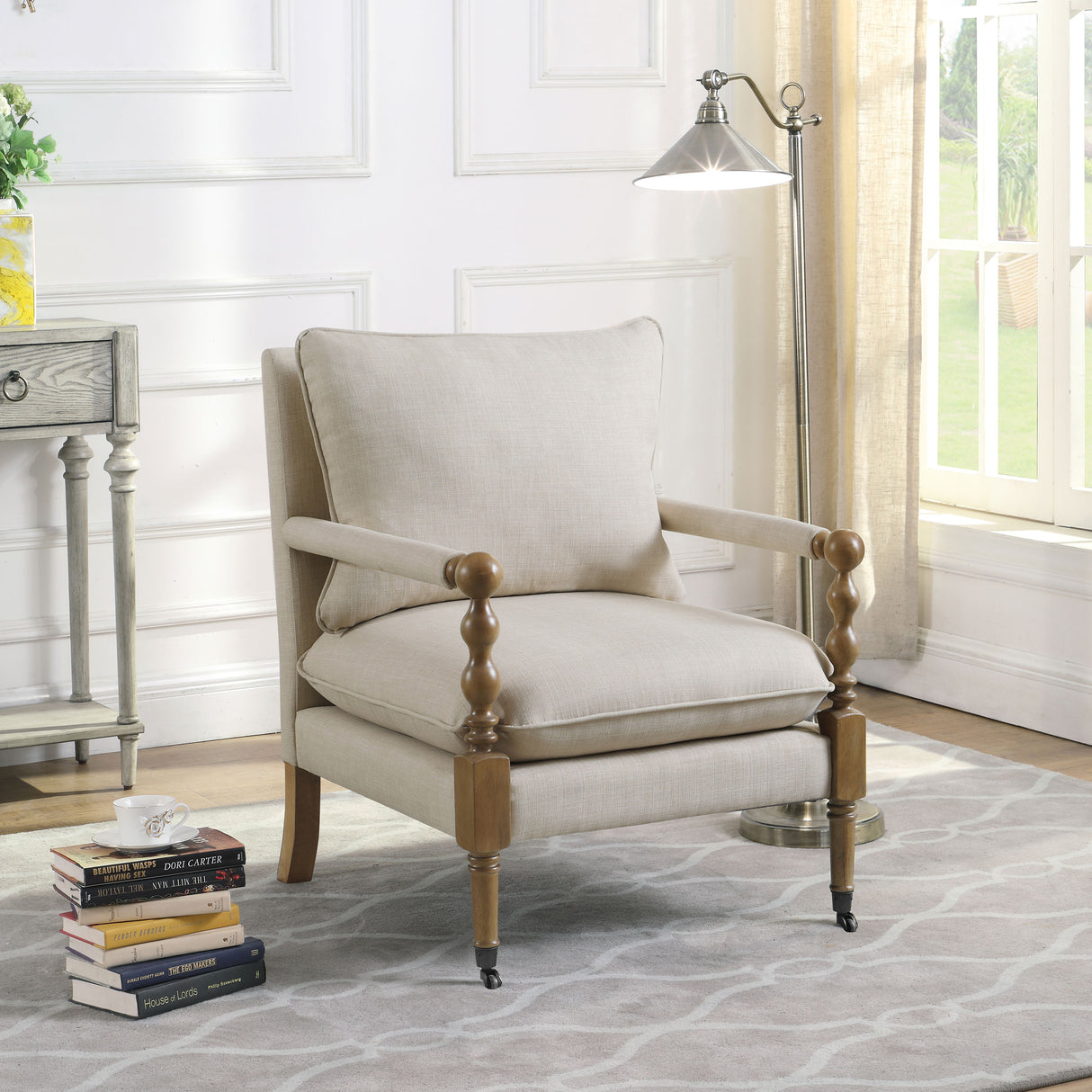 Accent Chair - Dempsy Upholstered Accent Chair with Casters Beige