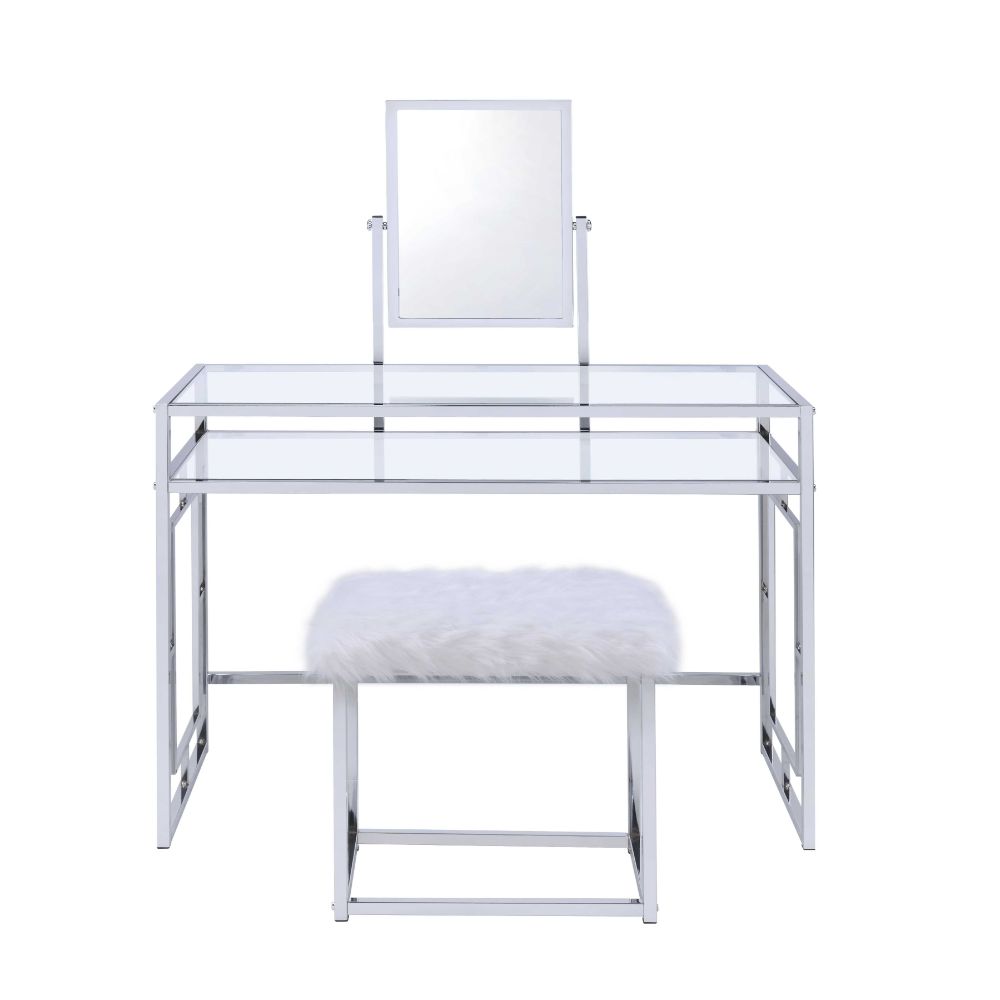 Acme - Carenze II Vanity Set 90314 White Faux Fur & Chrome Finish