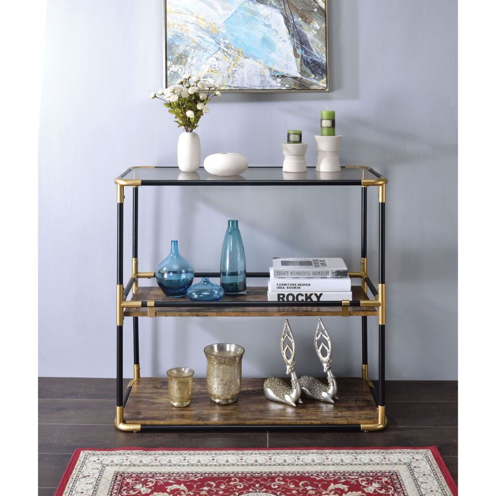 Acme - Heleris Console Table 90319 Smoky Glass Top & Black & Gold Finish