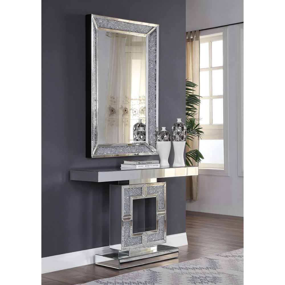 Acme - Noralie Console Table 90450 Mirrored & Faux Diamonds