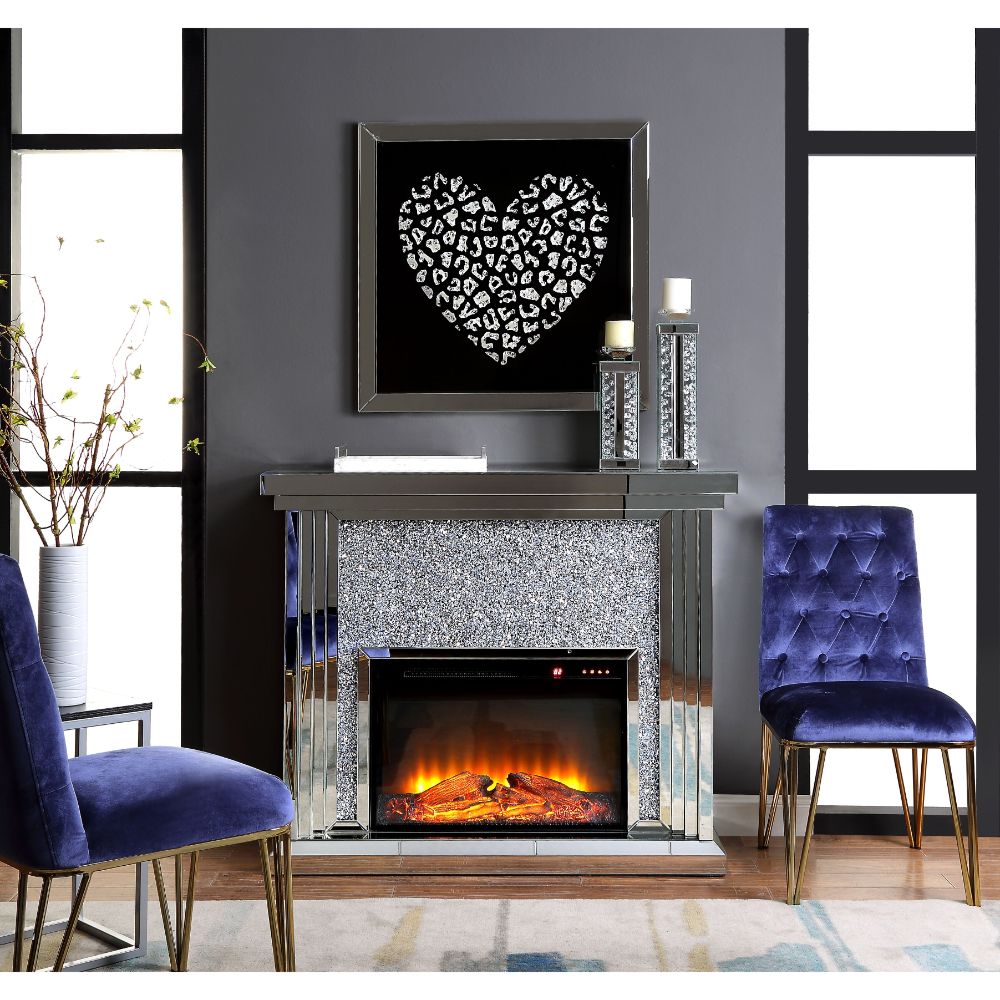 Acme - Noralie Fireplace 90455 Mirrored & Faux Diamonds