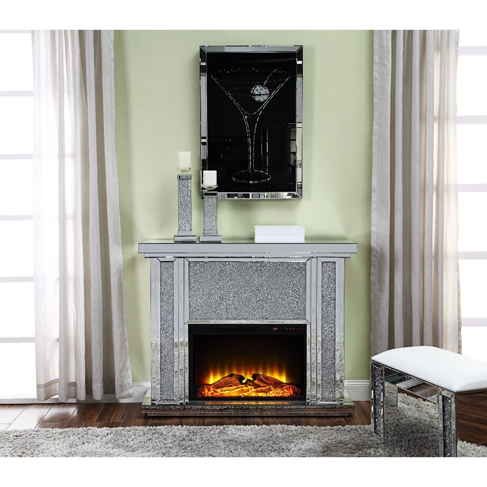 Acme - Noralie Fireplace 90457 Mirrored & Faux Diamonds