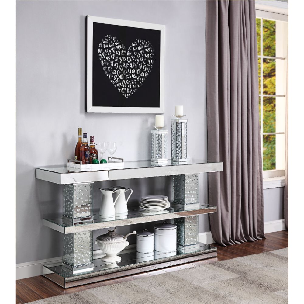 Acme - Nysa Console Table 90460 Mirrored & Faux Crystals