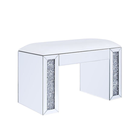 Acme - Noralie Vanity Stool 90467 Synthetic Leather , Mirrored & Faux Diamonds