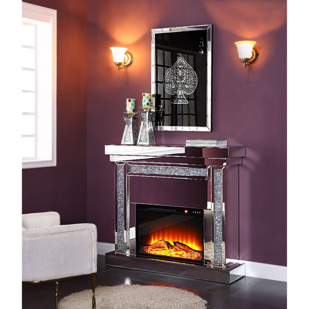 Acme - Noralie Fireplace 90470 Mirrored & Faux Diamonds