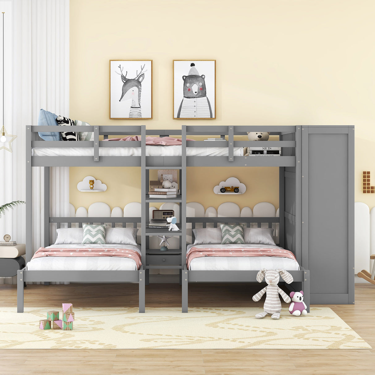 Full-Over-Twin-Twin Bunk Bed with Shelves, Wardrobe and Mirror, Gray - Home Elegance USA