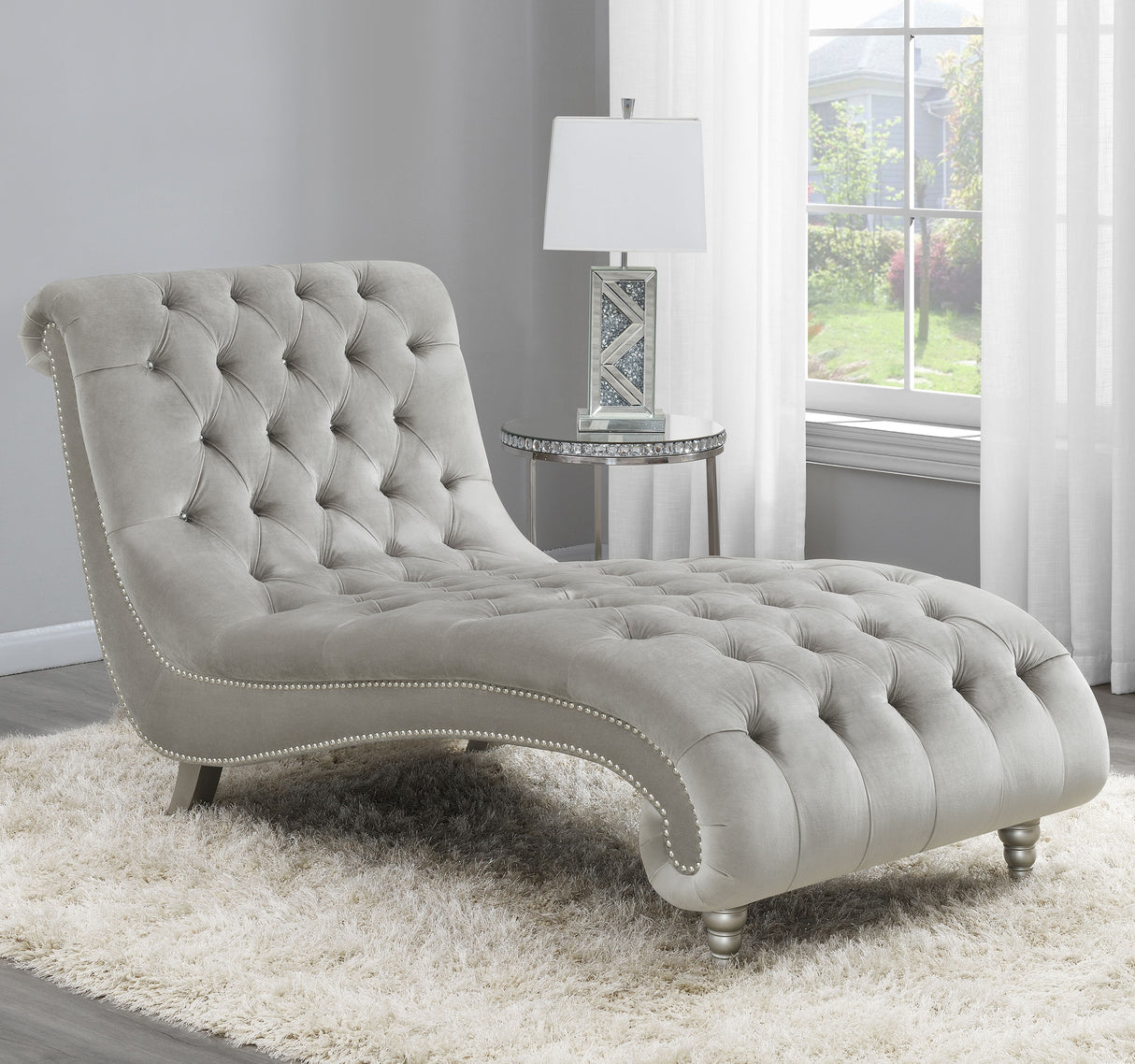 Chaise - Lydia Tufted Cushion Chaise with Nailhead Trim Grey