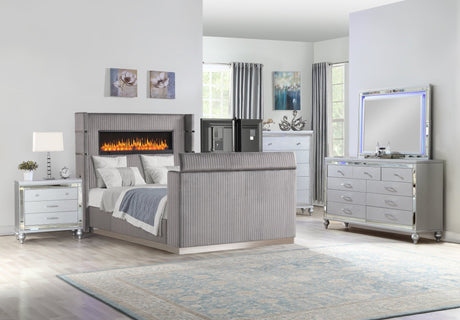 Lavish Modern Style 5 Pc Queen Bedroom Set Made with Fireplace in Headboard & TV stand in Footboard with Wood in Grey