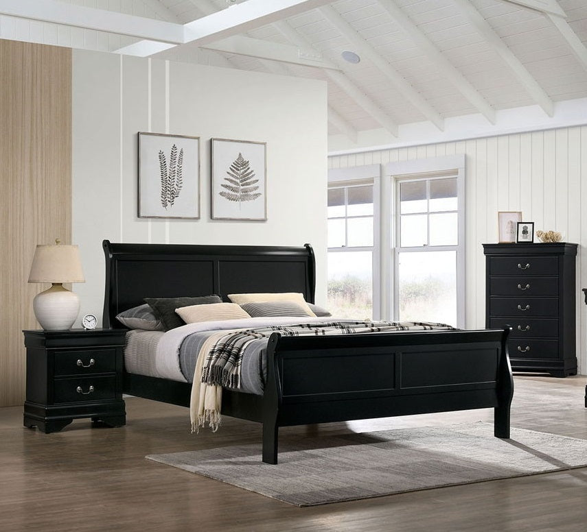 Queen Size Bed Black Louis Phillipe Solidwood 1pc Bed Bedroom Sleigh Bed Contemporary Style